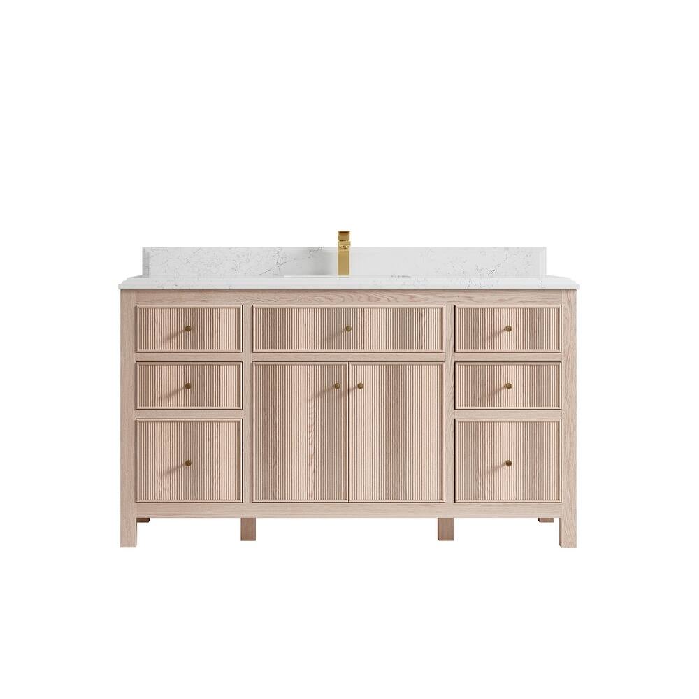 Willow Collections 60 x 22 Sonoma White Oak Wood Single Sink Bathroom Vanity with Quartz or Marble Countertop