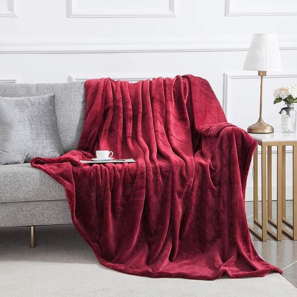 Twin Size Reversible Faux Fur Fleece Bed Blanket Burgundy