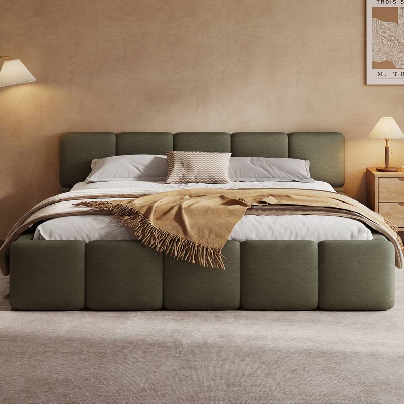 Christopher Knight Home Evelyn Platform Bed with Boucle Upholstery and Thick Block-Style Headboard - Green - California King