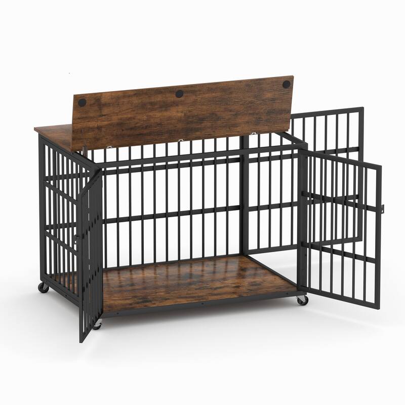 Decorative Pet House, Dog Crate Furniture with Iron Frame Door and wheels