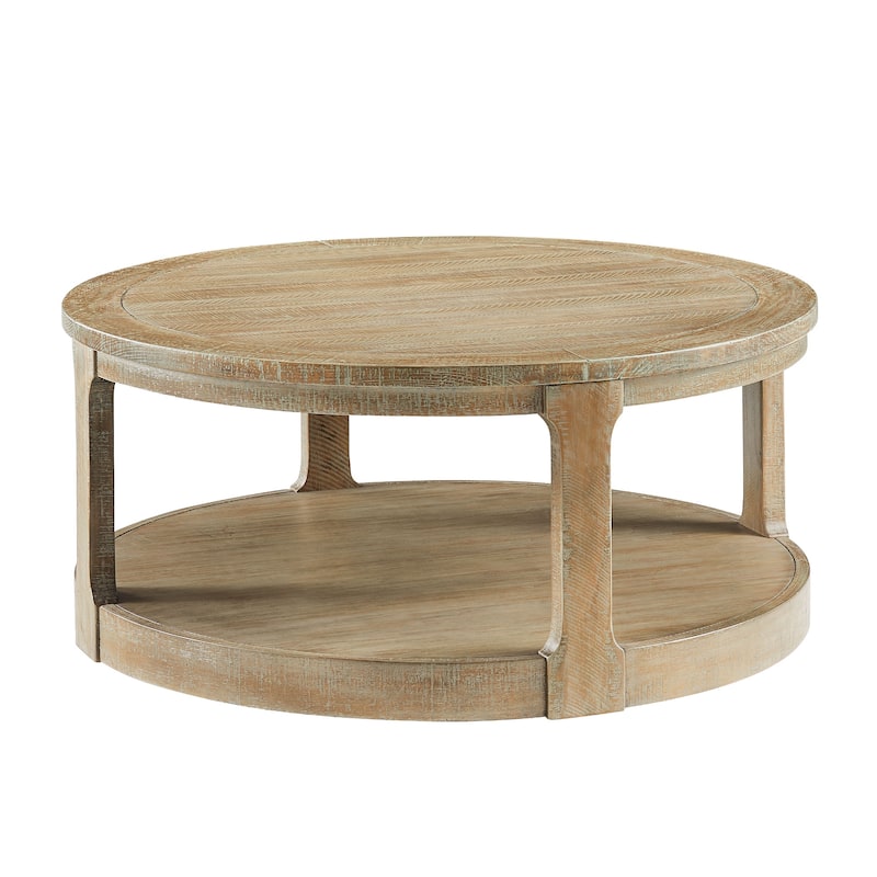 Mid-Century Rustic Style 40inch Large Curved 2 Tier Round Circle Wooden Center Coffee Table