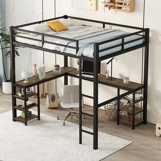 Metal Full Loft Bed w/ Brown Desk & Shelves, Ladder, Guardrails,Black