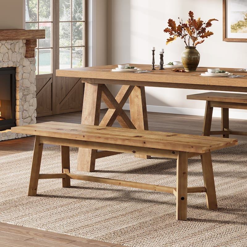 55.1'' Solid Wood Dining Bench, Farmhouse Real Wood Kitchen Bench Long Entryway Bench