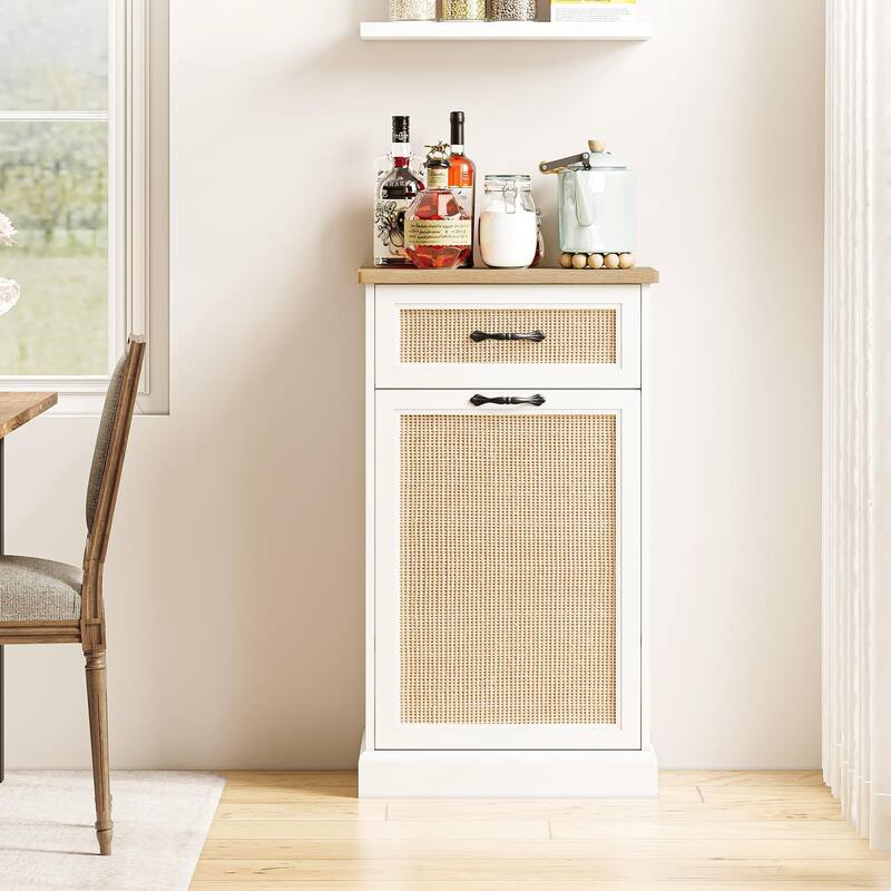 Tilt Out Trash Cabinet with Natural Rattan, Hidden Trash Can Cabinet 10 Gallon Trash Holder