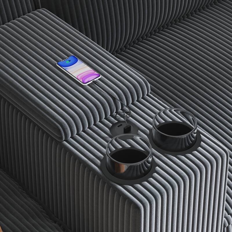 133.4" Corduroy L-Shaped Sectional Sofa with USB Charging and Storage, 6-Seater