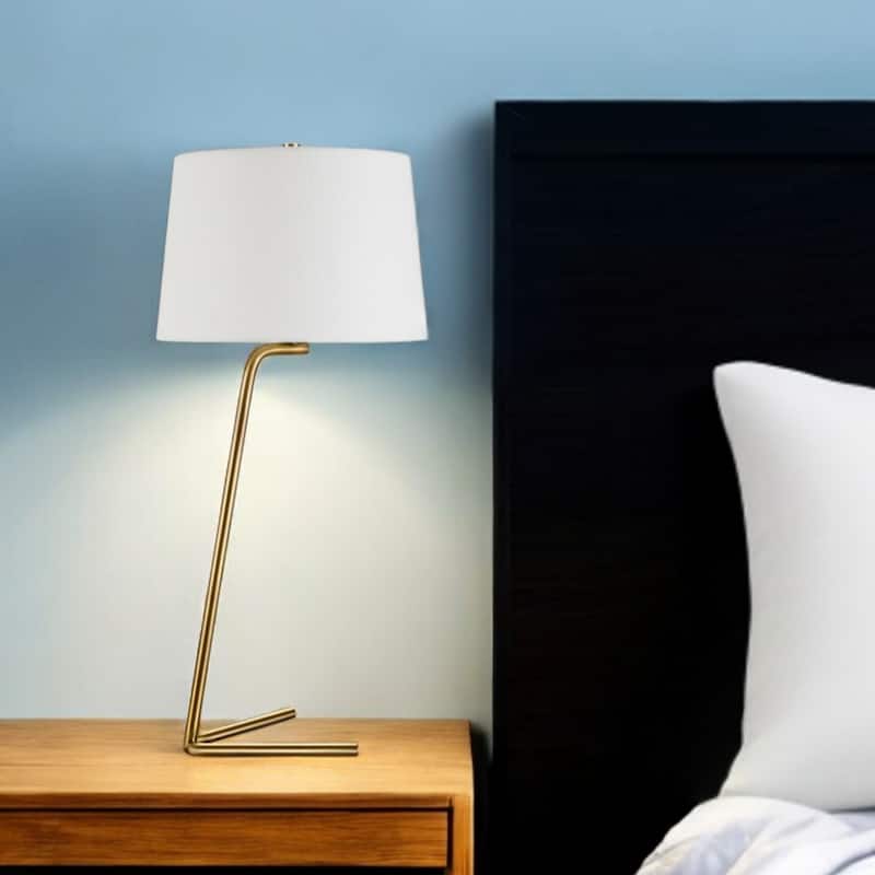 28'' Metal Table Lamp with White Drum Shade Modern LED Light, Slip Uno Fitter, Plug-In - 13" x 13" x 28"