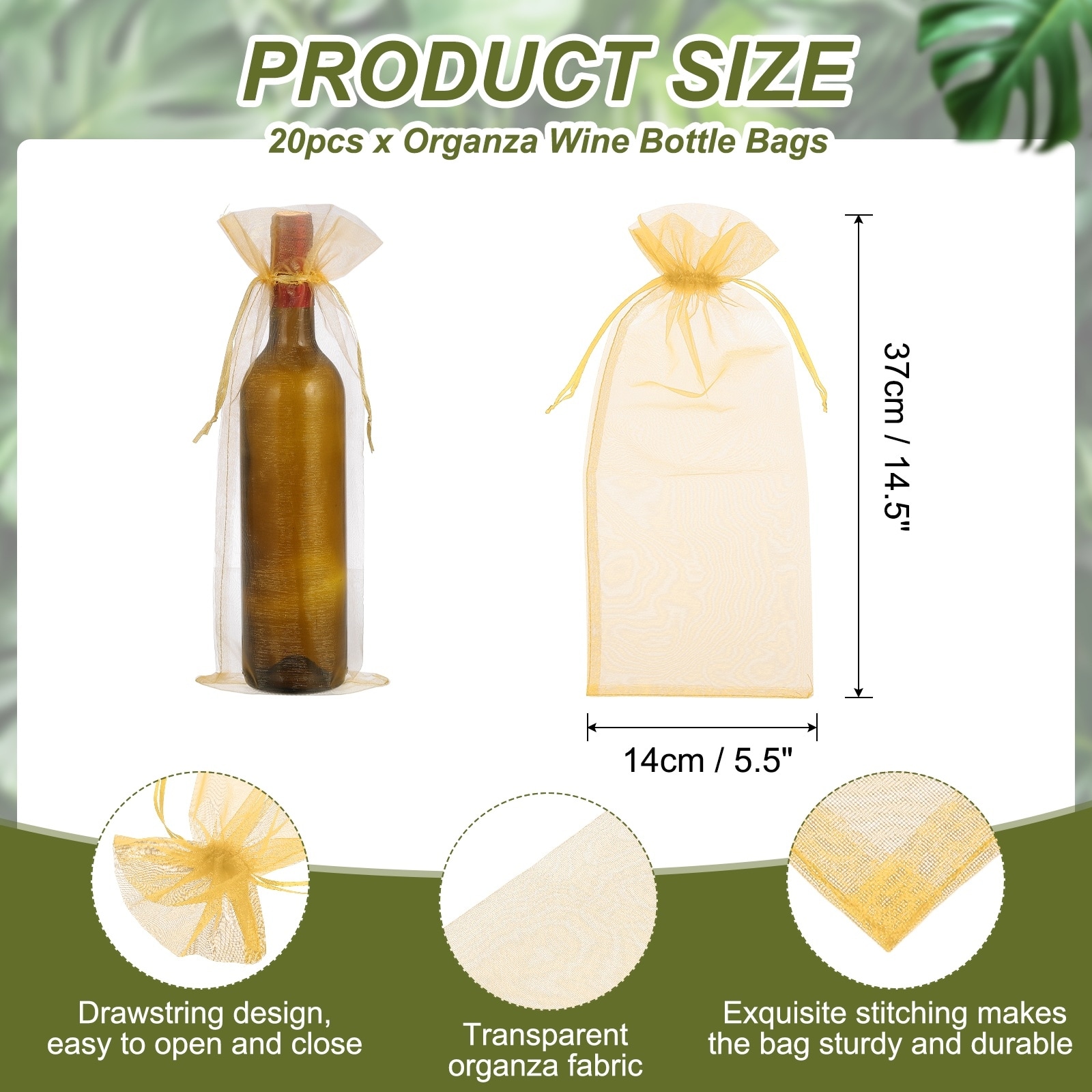 Organza Wine Bags, Drawstring Organza Bottle Gift Bags Sheer Wine Wrapping Bag for Bottle Wrap Birthday - 14.5 x 5.5