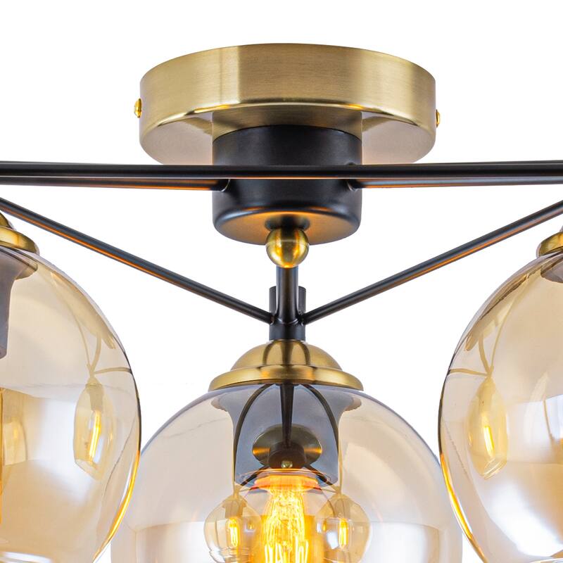 3 Lights Gold Flush Mount Ceiling Light with Amber Glass Globes - Dia.17.72-in