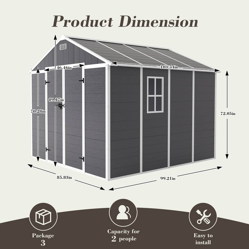 8*8ft Resin Storage Shed, High Quality PP Material, Waterproof, Rust And UV Proof, Large Storage Space, 12mm Thick PP Board