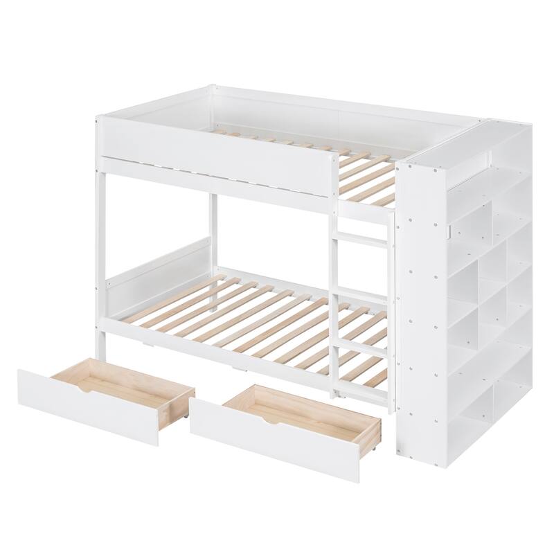 White Twin over Twin Bunk Bed with 2 Drawers & Multi-layer Cabinet, Space-Saving Kids Furniture