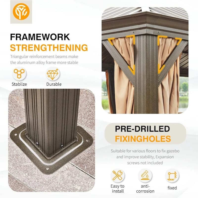EROMMY 12x16 Outdoor Pergola with Galvanized Steel Roof, Aluminum Frame, and Vertical Rain Gutters