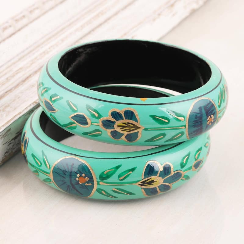 NOVICA Floral Viridian, Wood bangle bracelets (pair)