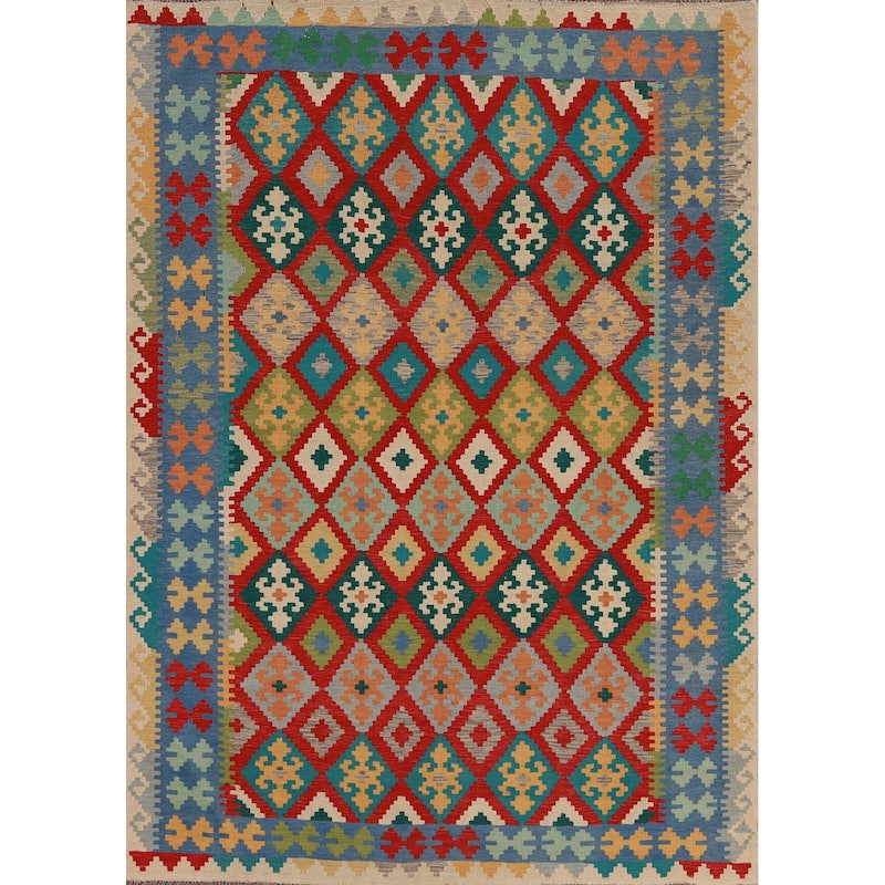Hand Woven Oriental 100% Wool Carpet Southwestern Geometric Multi-Colored Kilim Area Rug - 8' 3'' X 6' 3''