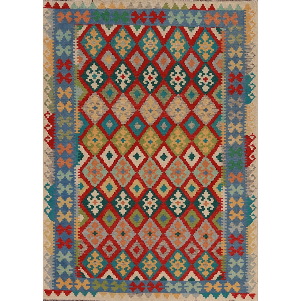 Hand Woven Oriental 100% Wool Carpet Southwestern Geometric Multi-Colored Kilim Area Rug - 8' 3'' X 6' 3''