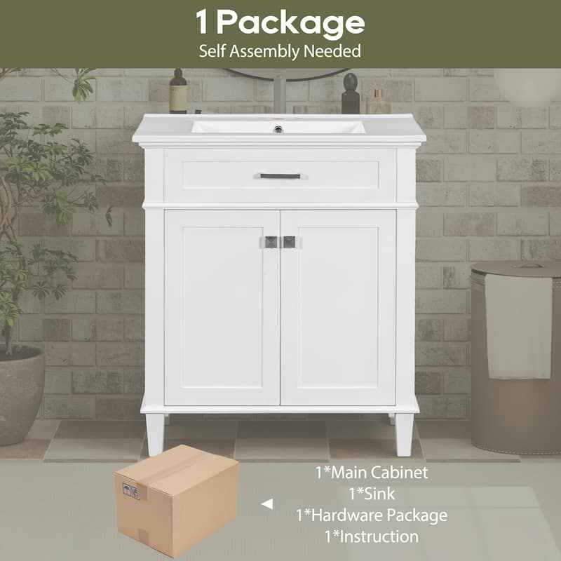 30" Bathroom Vanity with Ceramic Sink, Soft-Close Doors, Adjustable Shelf, 4" Faucet Ready