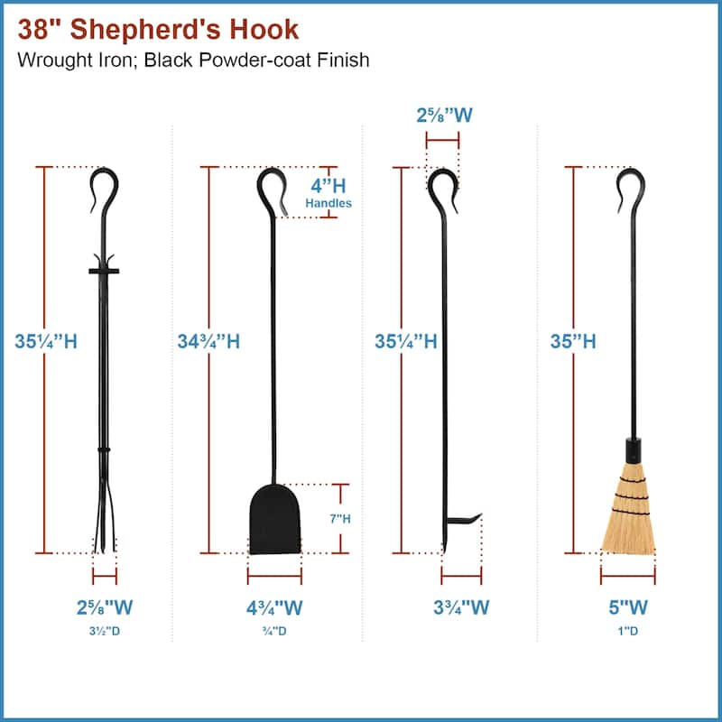 Achla Designs Shepherd's Hook II Mini Fireplace Set of 4 Tools, 38.5 Inch Tall, Black