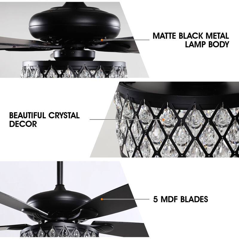 Modern 52-inch Black 5-Blade Crystal Ceiling Fan with Remote - 52 Inches