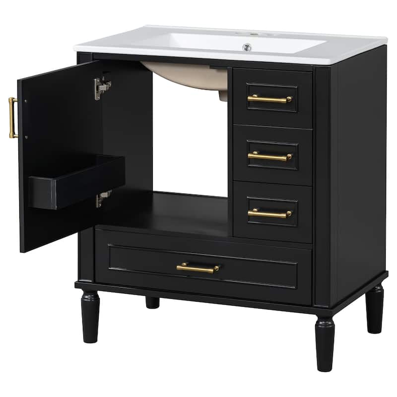 GDFStudio - Asa Wood & Ceramic 30" Bathroom Vanity with Sink, Soft-Close Door & Multiple Drawers