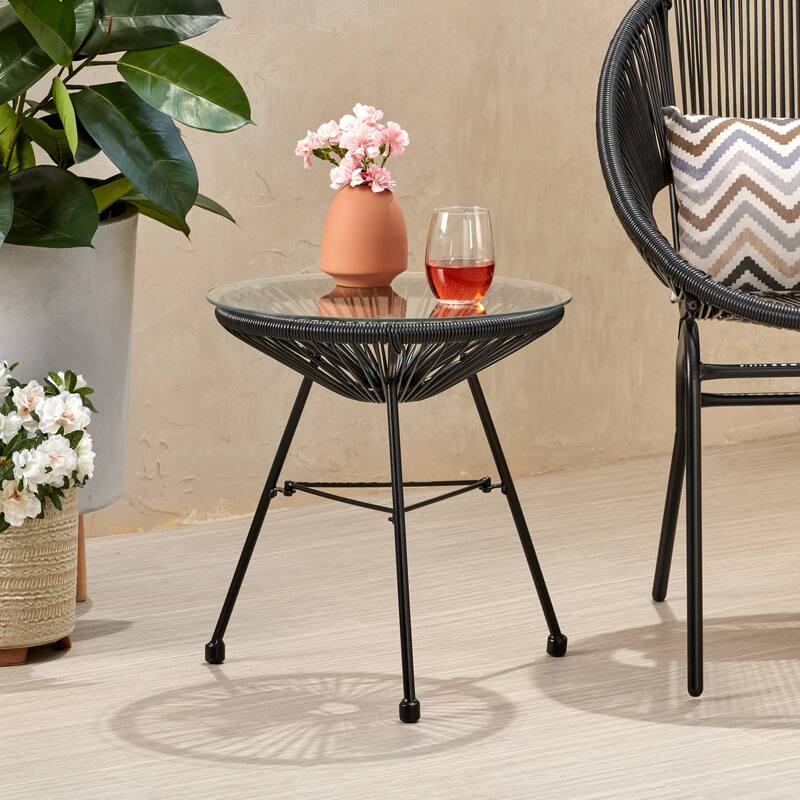 Modern Outdoor Rattan Side Table with Tempered Glass - Black