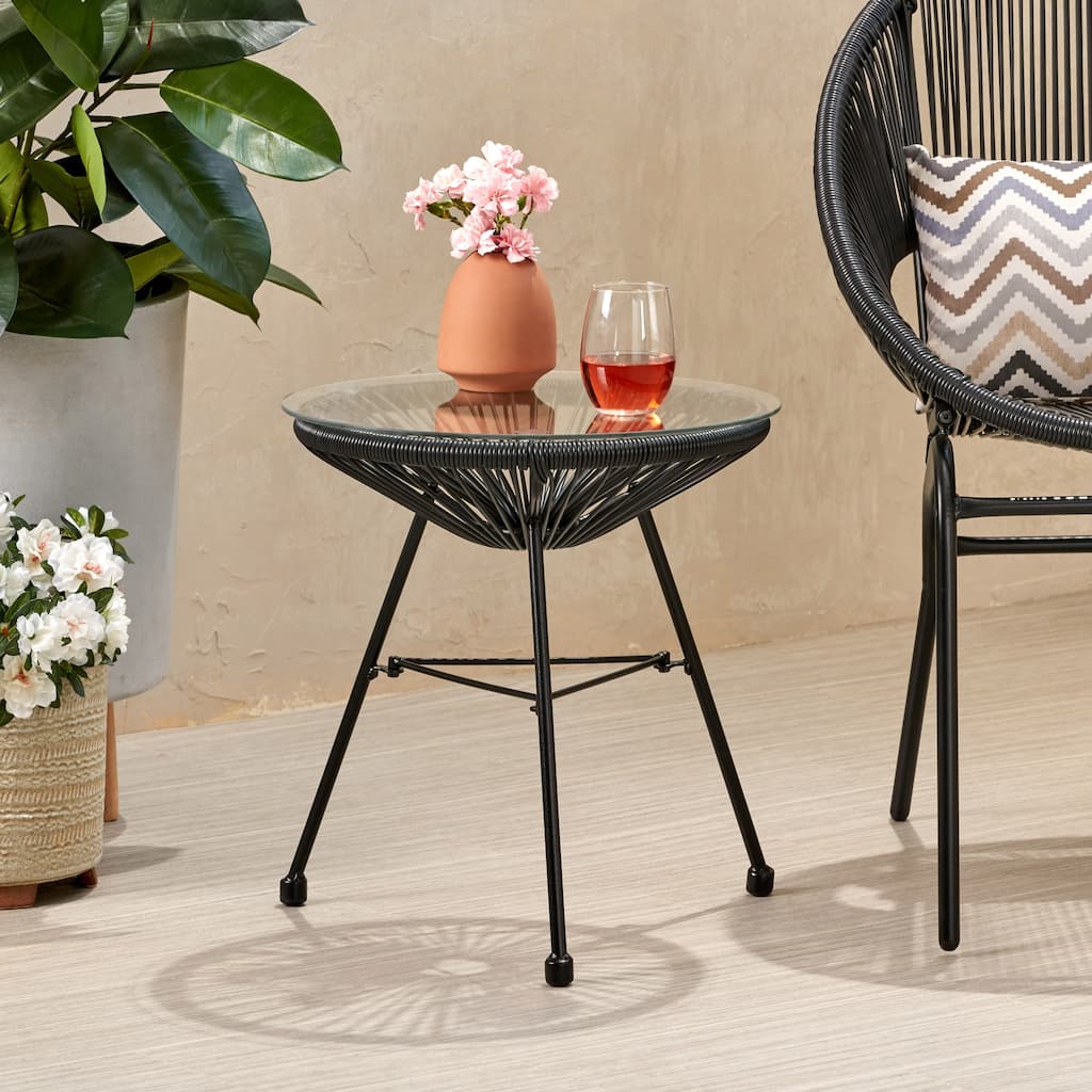 Modern Outdoor Rattan Side Table with Tempered Glass