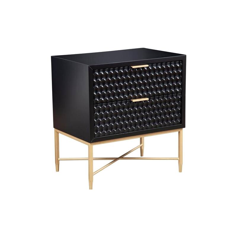 Two Drawer Nightstand with Textured Fronts, Gold Handles, and Black Pearl Contemporary Styling