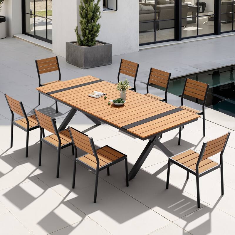 9PC Outdoor Patio Aluminum Dining X Frame Table and Stackable Chairs Set with Umbrella Hole - Brown