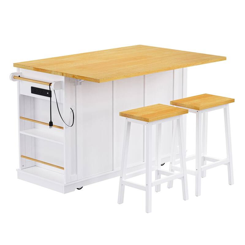 Large Kitchen Island with 2 Bar Stools, Power Outlet, Kitchen Storage Cart with Drop Leaf, 5 Open Side Racks, 3 Drawers
