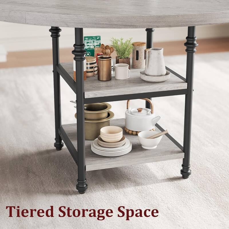 47" Round Dining Table for 4–6, Modern Wood Table with Storage Shelf & Roman Metal Legs, Table Only