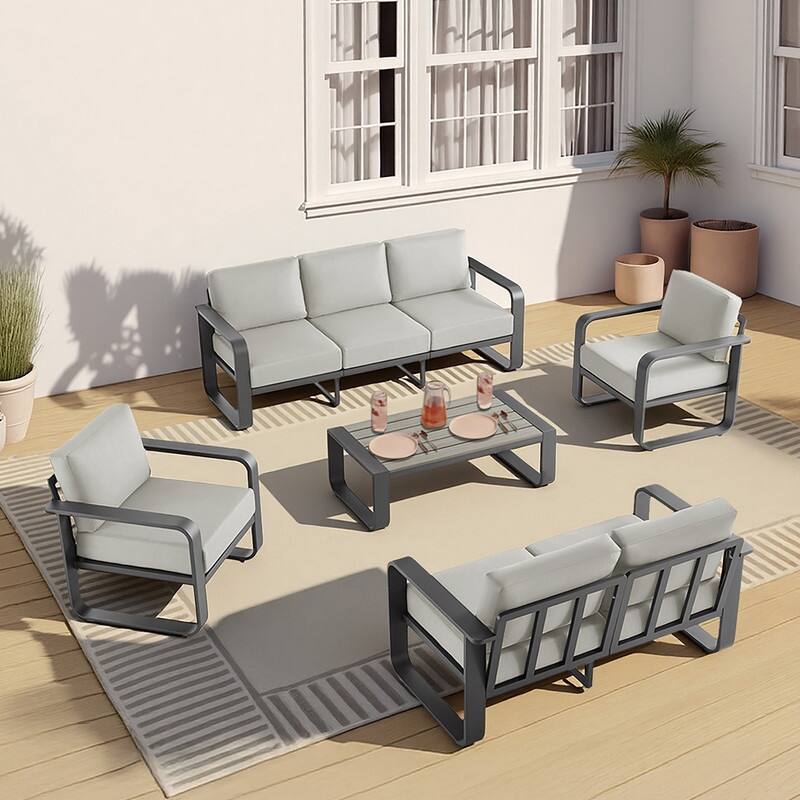 Spruce & Spring Outdoor Patio Furniture Set Aluminum Sofa Accent Chair - 5PC - Light Gray