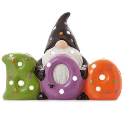 PreLit Ceramic Halloween BOO Gnome HandPainted Tabletop Decor