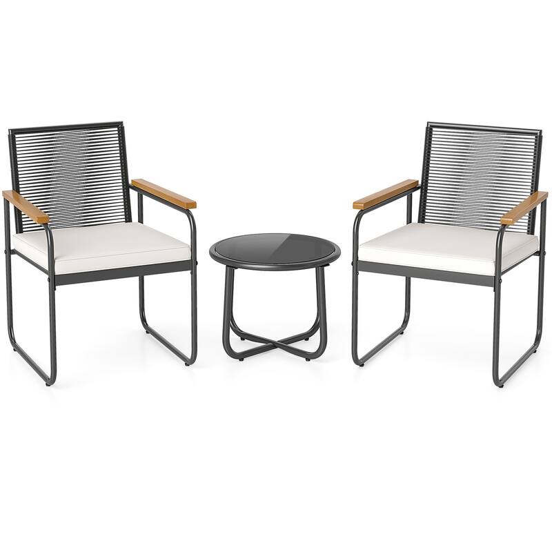 Gymax 3 Pieces Patio Furniture Set PE Wicker Chairs & Side Table