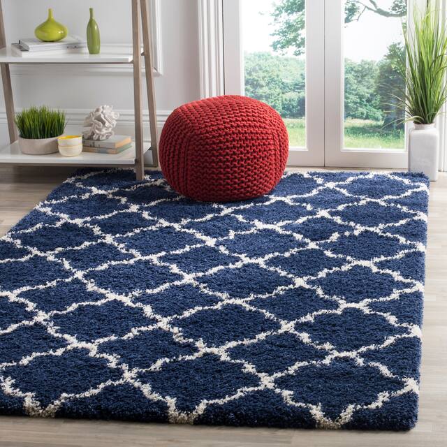 SAFAVIEH Hudson Shag Vitchka Glam Trellis 2-inch Area Rug - 4' x 6' - Navy/Ivory