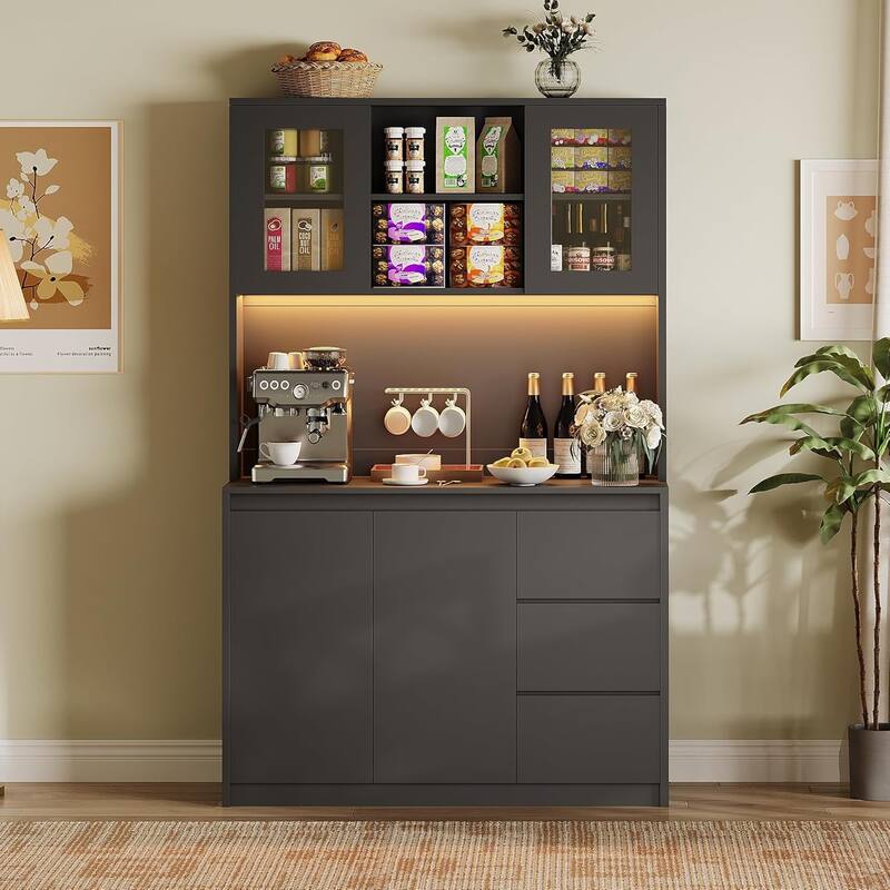 Kitchen Pantry Cabinet , Tall Storage Cabinet with Countertop and LED Lights