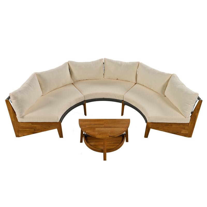 Outdoor Curved Sectional Sofa Set Half Moon Conversation Sofa Set with Acacia Wood Coffee Table and Cushions