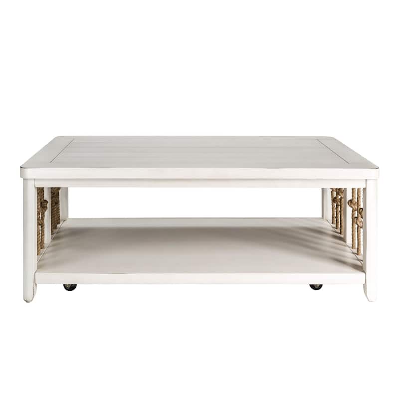 Dockside White Cocktail Table for Living Room Coastal Rope Accents