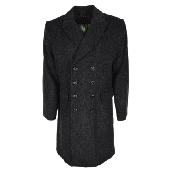 Men Blue Gray Black Faux Fur Sherpa Lining Wool Coat Lapel Pea Coat Jacket