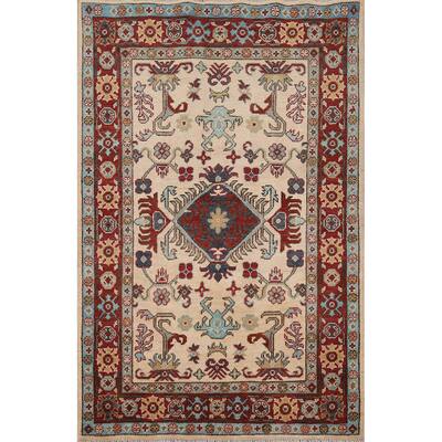 Geometric Kazak Rug Hand-Knotted Oriental Wool Carpet - 3'7" x 4'11"