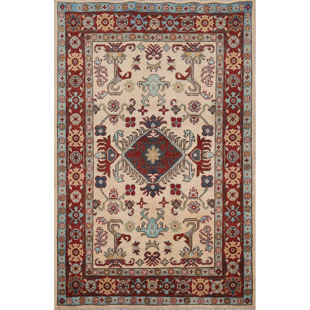 Geometric Kazak Rug Hand-Knotted Oriental Wool Carpet - 3'7" x 4'11"