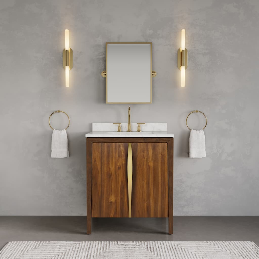 Ferrero 30 in. Single Sink Carrara White Marble Bath Vanity in Noir Juglans with Satin Gold Hardware