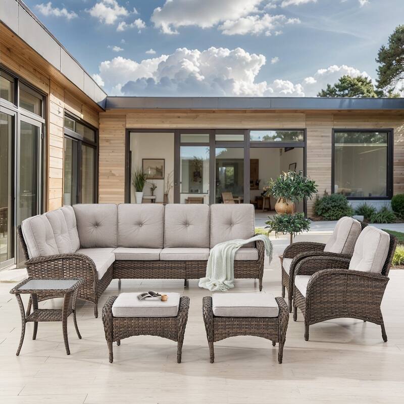 Gymojoy L-Shaped Outdoor Sectional Sofa Set with Patio Chairs, Ottomans & Side Table