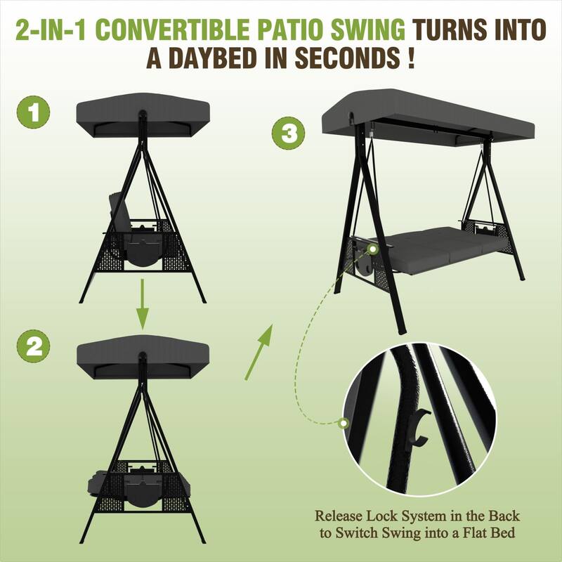 VEIKOUS 3-Seat 2-in-1 Convertible Patio Porch Swing with Adjustable Canopy Swing and Cushion
