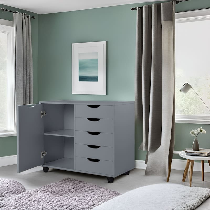 Wooden 5-Drawer Office Storage Cabinet with Extra Shelf and 360° Mobility for Effortless Organization