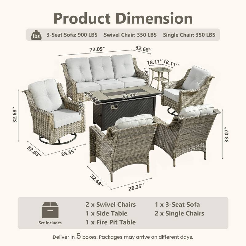 HOOOWOOO 7-piece Wicker Rattan Outdoor High Back Conversation Set with 54" Fire Pit