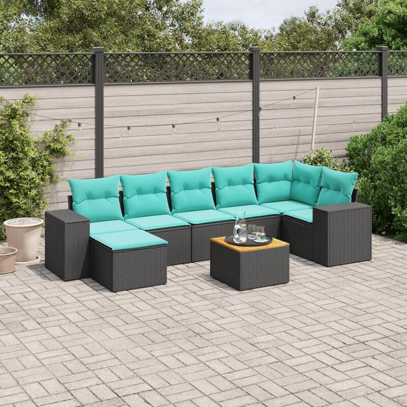 vidaXL 8 Piece Patio Sofa Set with Cushions Black Poly Rattan - 24.4 x 24.4 x 27.2 - Black-Corner + 3x middle + footrest + table