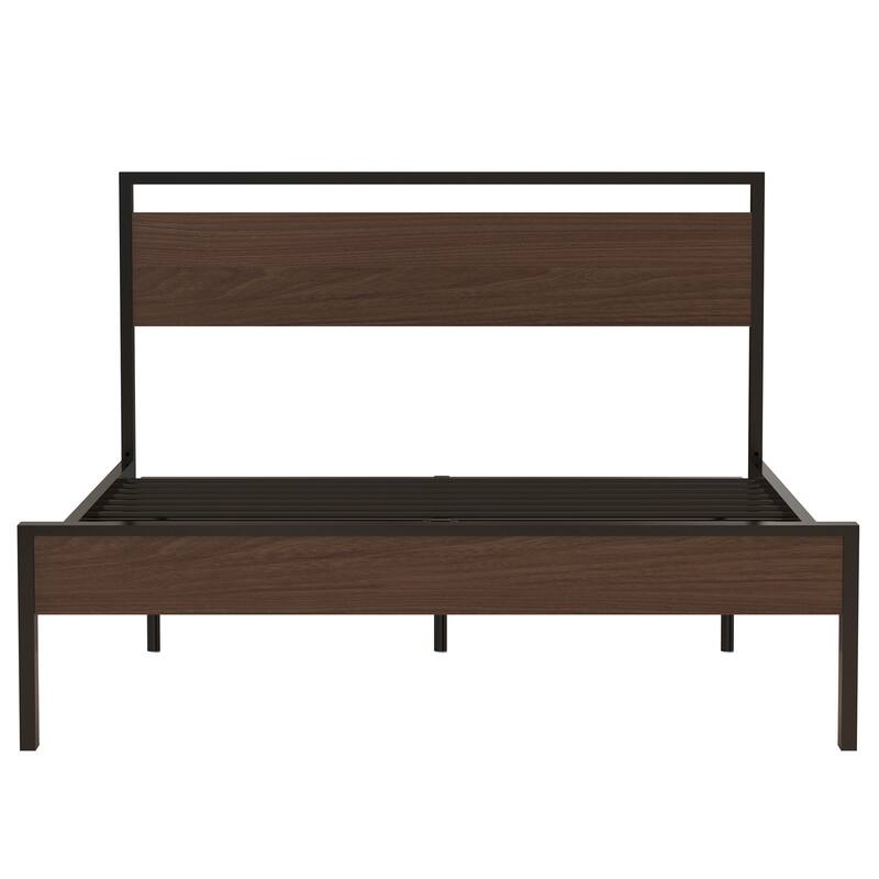 Ceres Queen Metal Bed - Black with Walnut Wood Headboard & Footboard - Queen