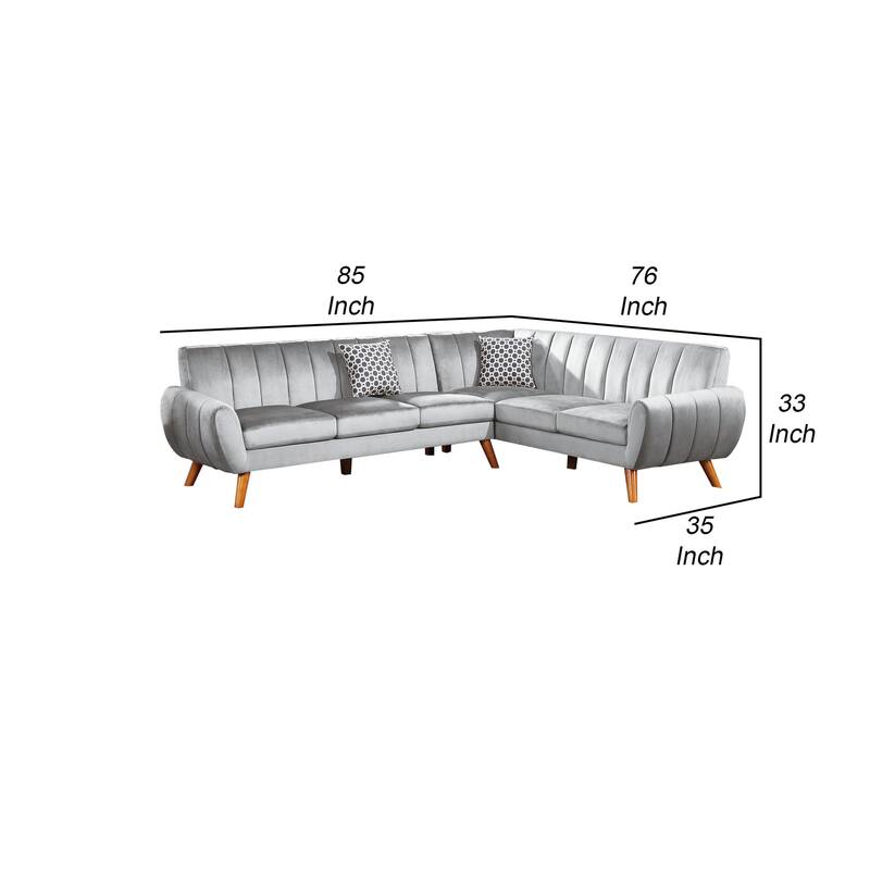 Lynn 2 Piece L Shaped Sectional Sofa, Vertical Tufting, Velvet, Light Gray