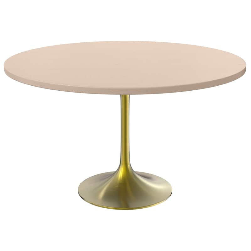 LeisureMod Verve 48" Round Dining Table with MDF Wood TableTop and Brushed Gold Base for Kitchen & Dining Room - Light Natural Wood