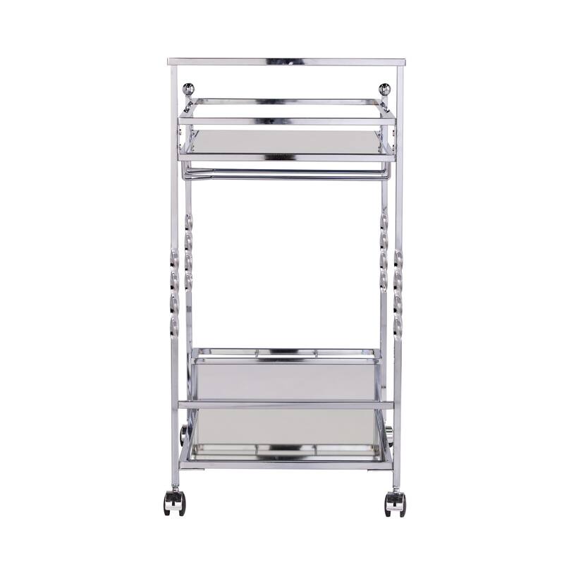 Mirrored Glass Bar Cart with Wheels and Metal Wine Rack - 29” x 15.75” x 31.5”