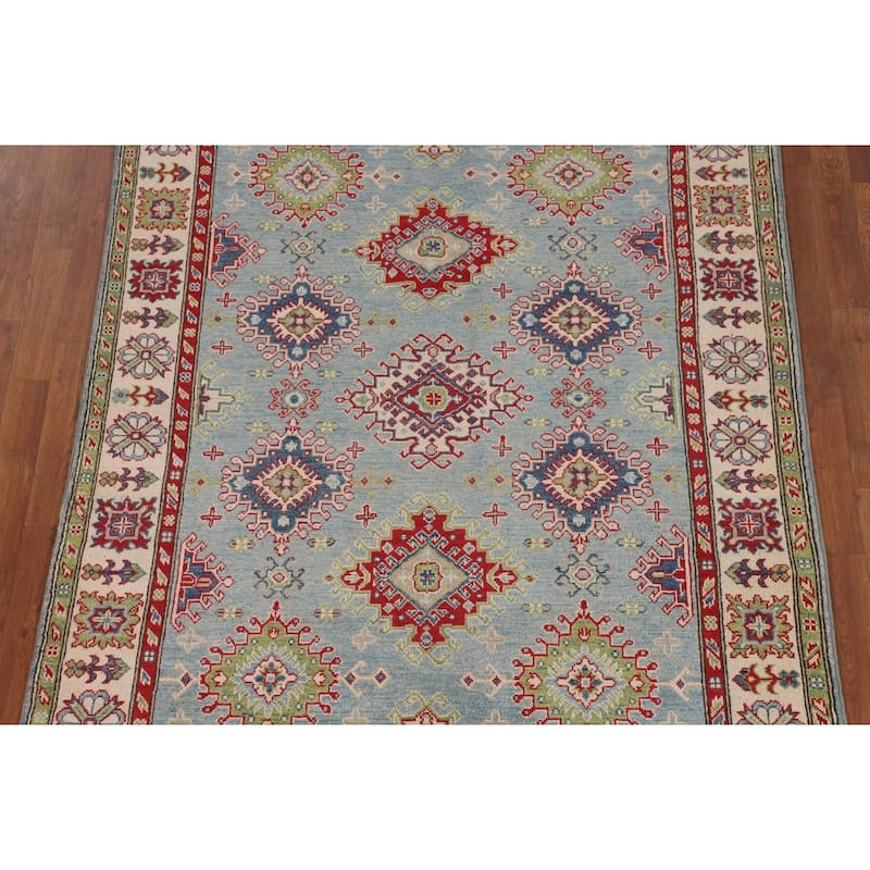 Light Blue Geometric Kazak Rug Handmade Oriental Wool Carpet - 5'0" x 6'11"