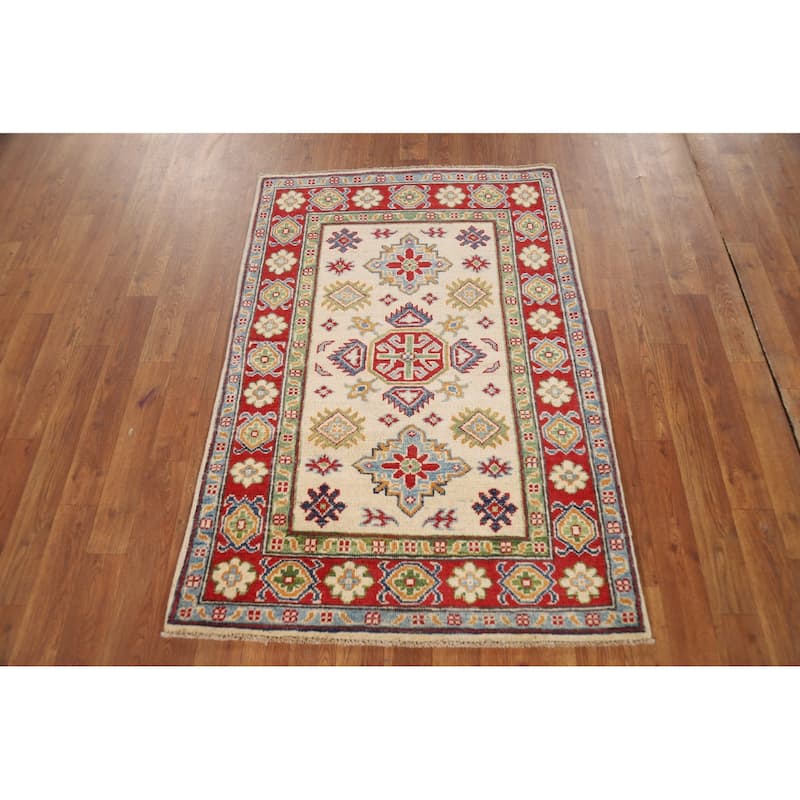 Beige Geometric Kazak Foyer Rug Handmade Wool Carpet - 2'9"x 4'0"